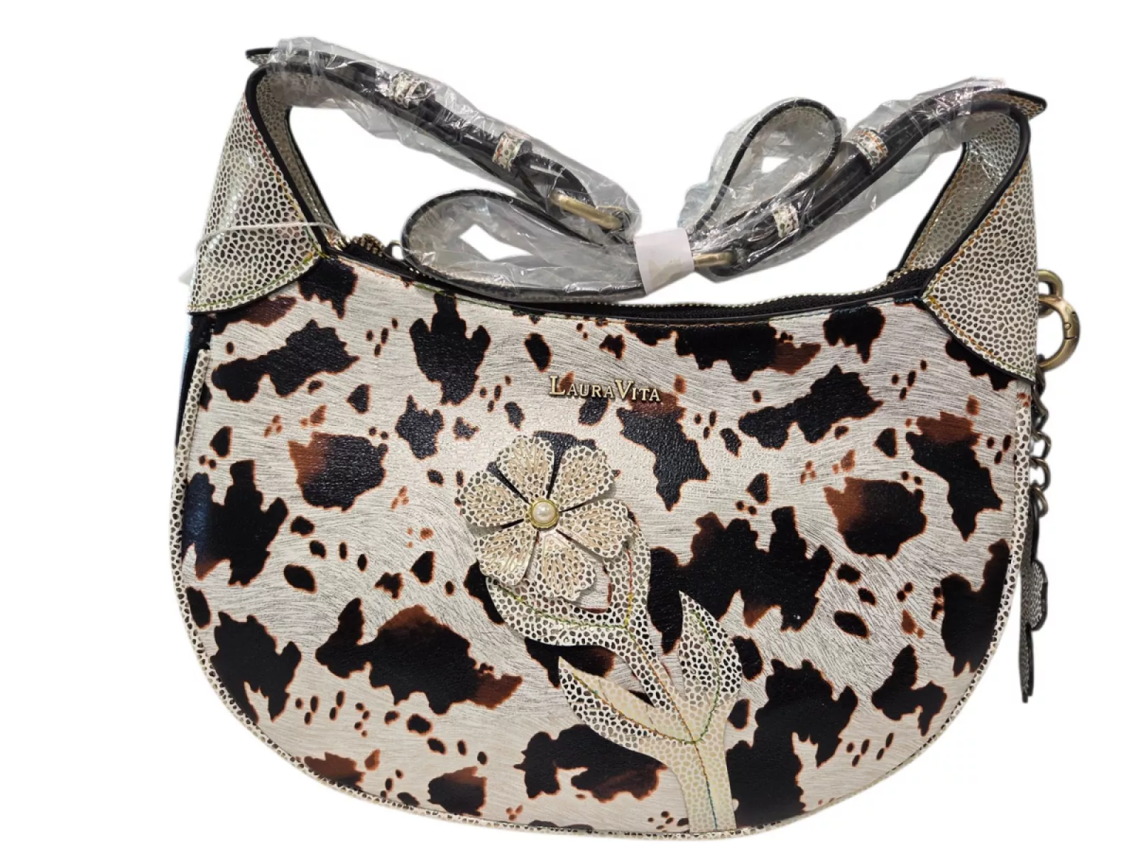 Laura Vita Laura Vita Sac Alba 02 Black Schoudertas Koeienprint Leer Dames